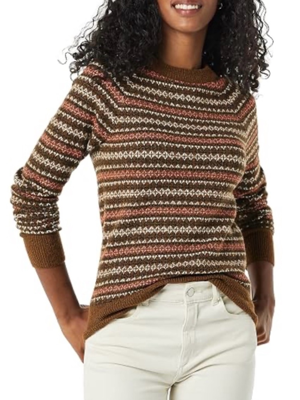 Amazon Essentials Brown & Peach Multi-Stripe Crewneck Sweater, Size Large.